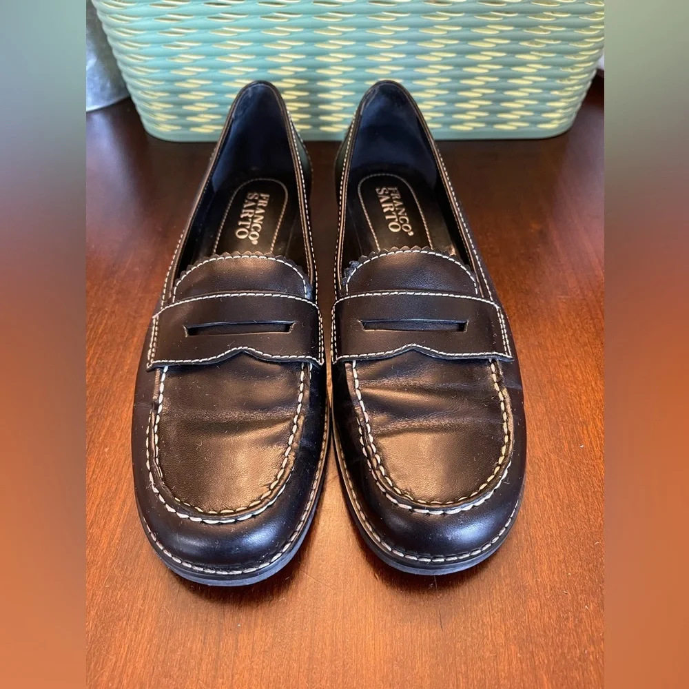 Franco Sarto Black Leather Loafers with White Stitching
